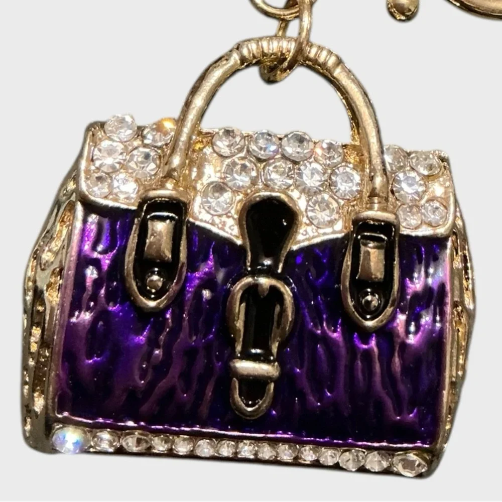 Purple Rhinestone Mini Purse Bag Charm Keychain Gold Tone NWT